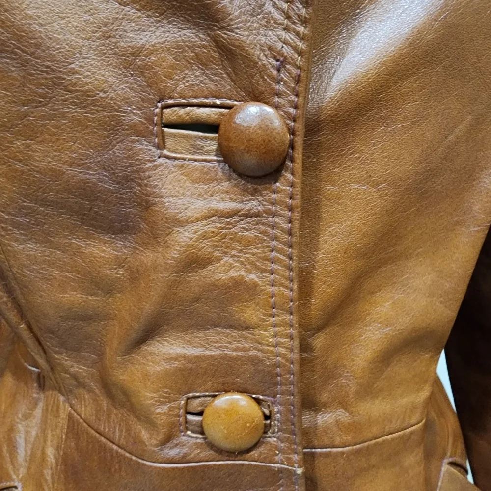 Vintage Leather Trench Coat Full Length 70s Genuine Cognac Leather size Medium - Picture 4 of 16